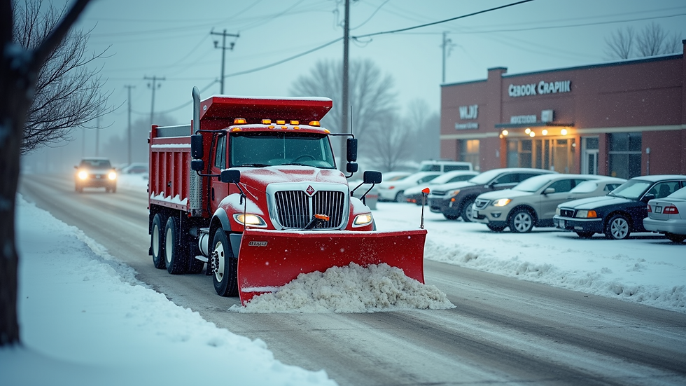 High angle view of a snow removal truck clearing a commercial parking lot in Cleveland