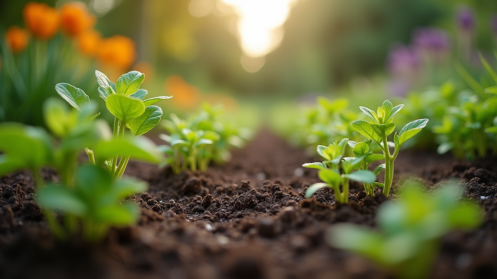 Eye-level view of freshly mulched garden bed with vibrant plants