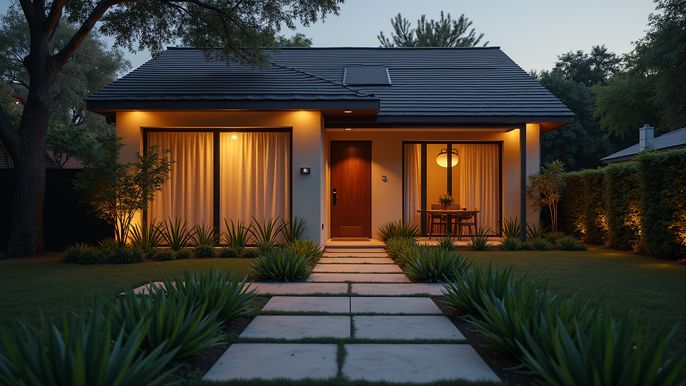 Wide angle view of a home exterior with uplighting on plants and walls during early evening