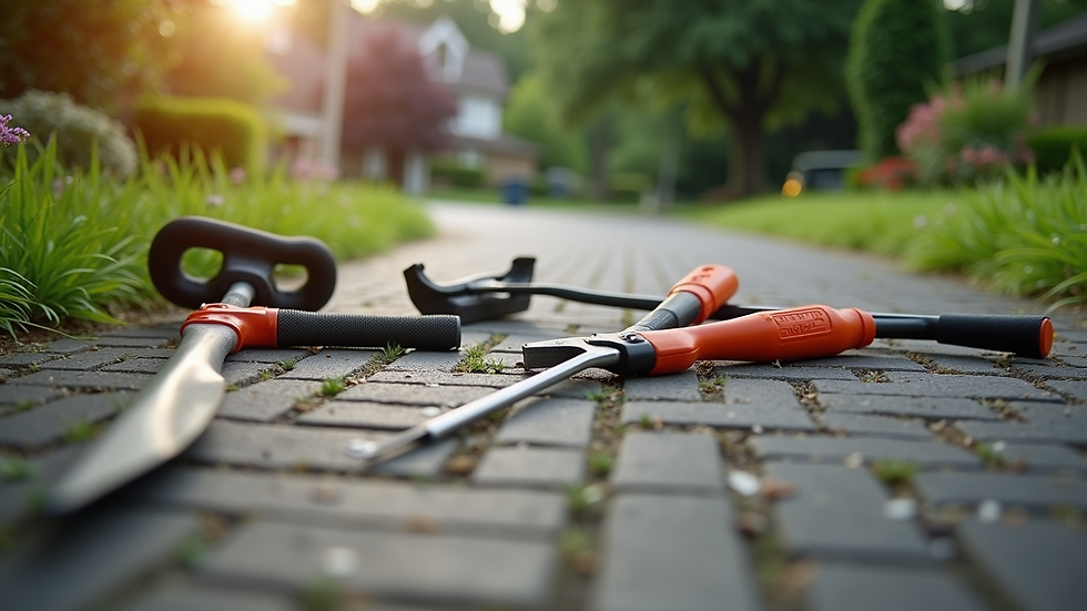High angle view of gutter cleaning tools laid out on a driveway