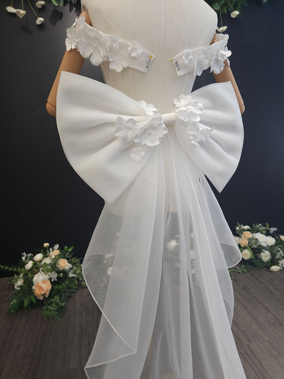 Thumbnail: Bernadette - 3D Floral Wedding Dress Train with Organza Sleeves