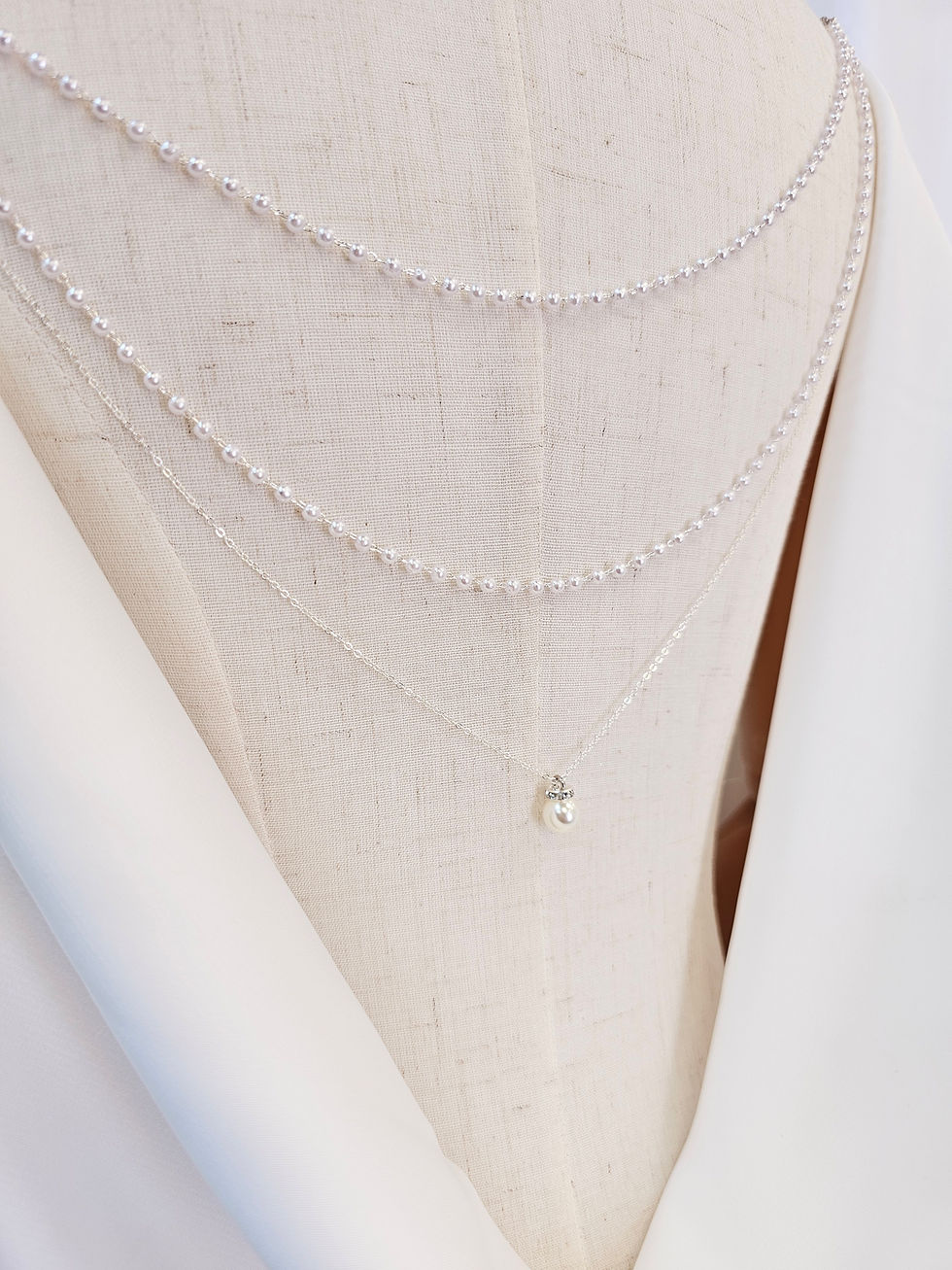 Thumbnail: 3 Tier Silver  Back Chain with Pearl Pendant - Style C
