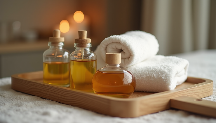 Close-up view of massage oils and towels arranged neatly on a wooden tray