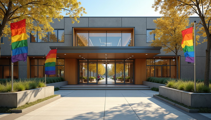 Eye-level view of a modern community center with welcoming entrance and rainbow flags