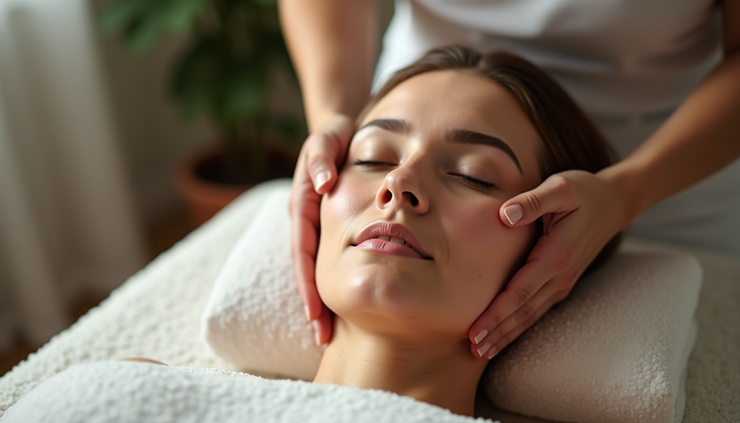 Eye-level view of a person applying upward strokes on cheeks during facial massage