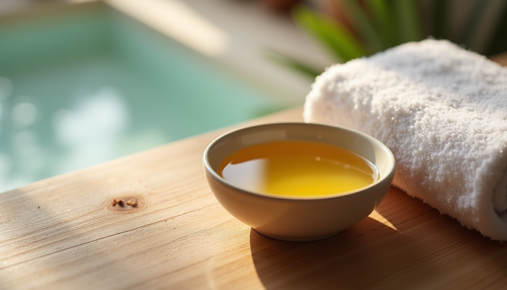 High angle view of a small bowl of facial oil and a soft towel on a wooden surface