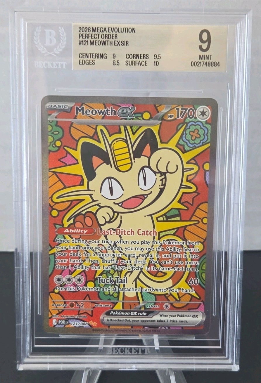 Pokémon TCG 2026 Mega Evolution Perfect Order Meowth ex SIR Holo 121/088 BGS 9