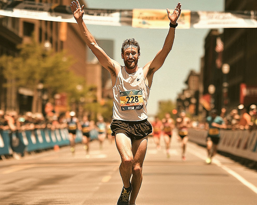 Runner crossing marathon finish line using anti-chafe balm