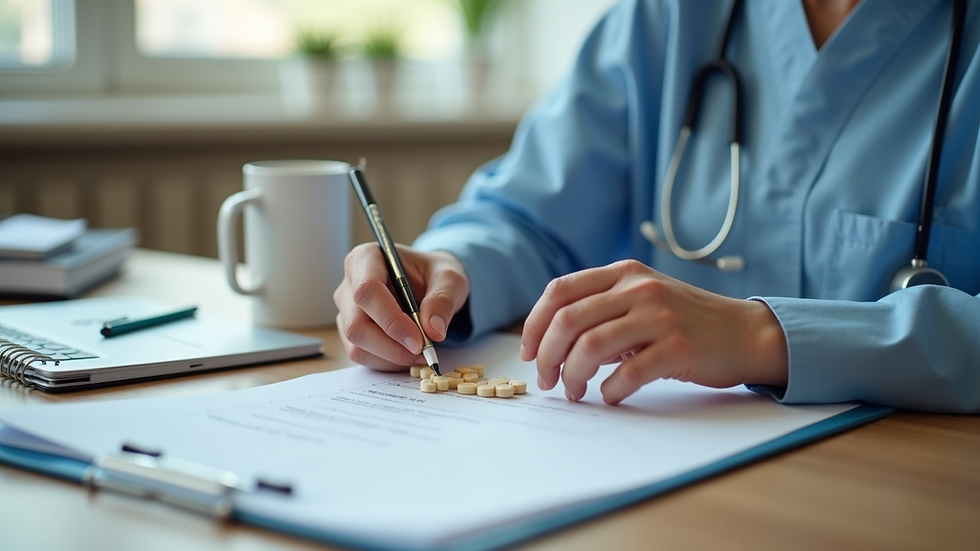 Close-up view of a caregiver organizing medication and health documents