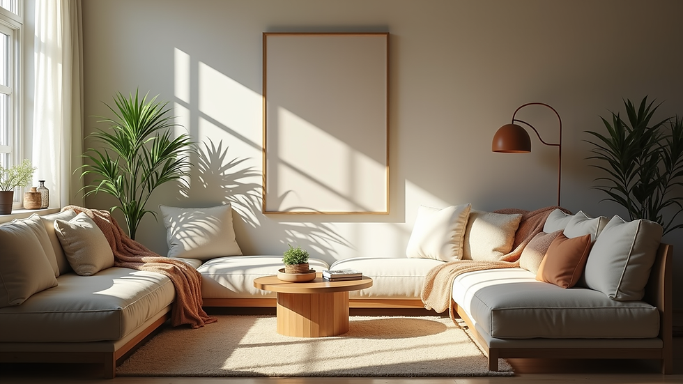 Eye-level view of a cozy living room with comfortable seating and natural light