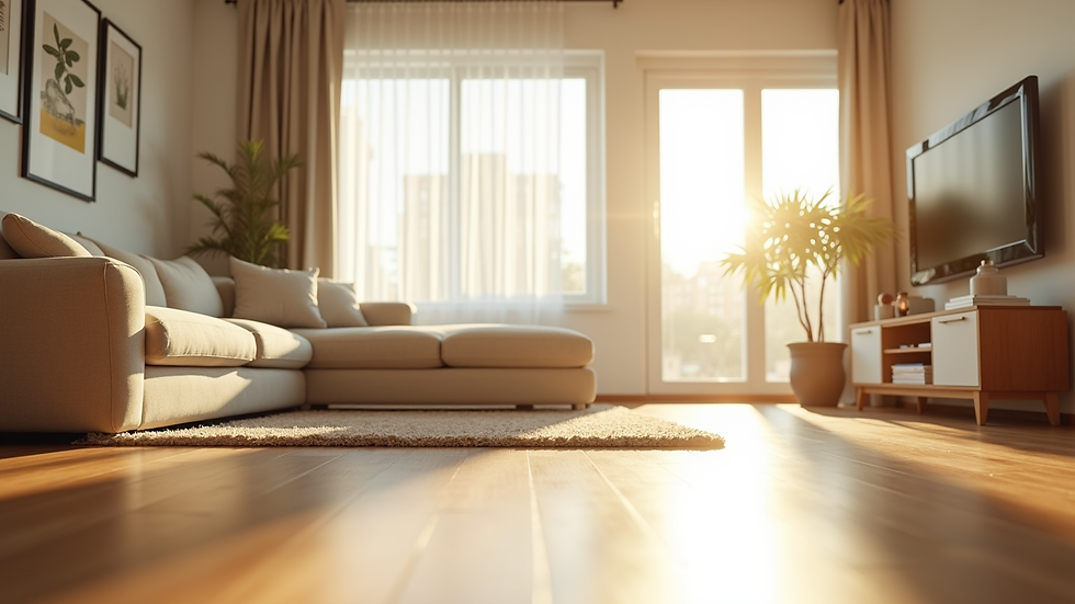Eye-level view of a sparkling clean living room with sunlight streaming through windows
