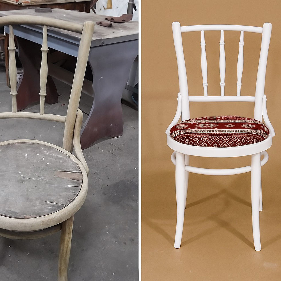 Scaun recondiționat – imagine before and after: din lemn uzat la finisaj alb mat și tapițerie roșie cu motive tradiționale