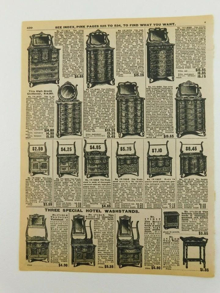 Lavoare de dormitor în catalogul Sears Roebuck din 1908