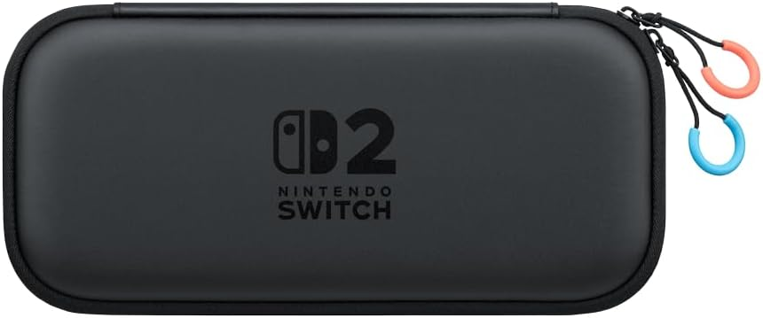 Black Nintendo Switch case with colorful zipper pulls in red and blue. Logo and "SWITCH" in the center. Simple and sleek design.