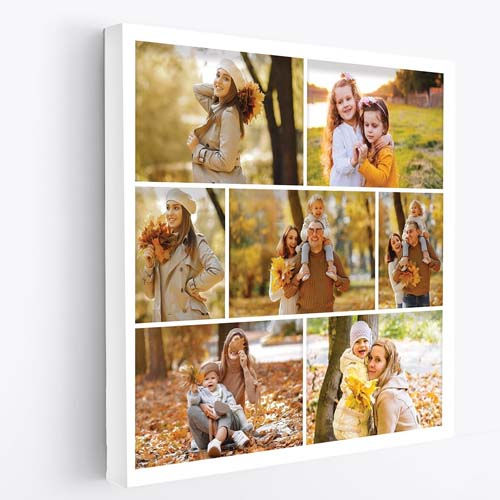 Collage of a woman and children enjoying autumn in a park, holding leaves. Warm tones, cozy clothing, joyful expressions, fall setting.
