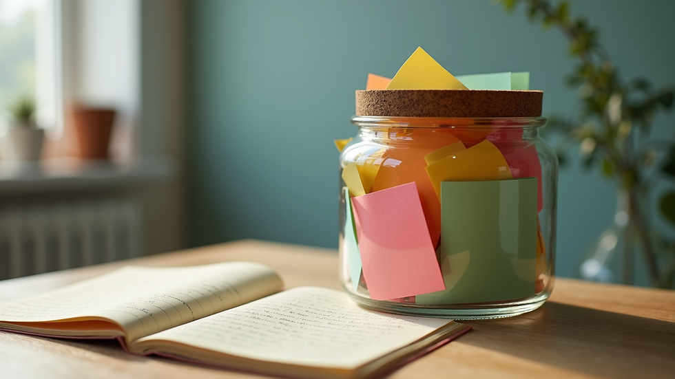 Close-up view of a memory jar filled with colorful notes