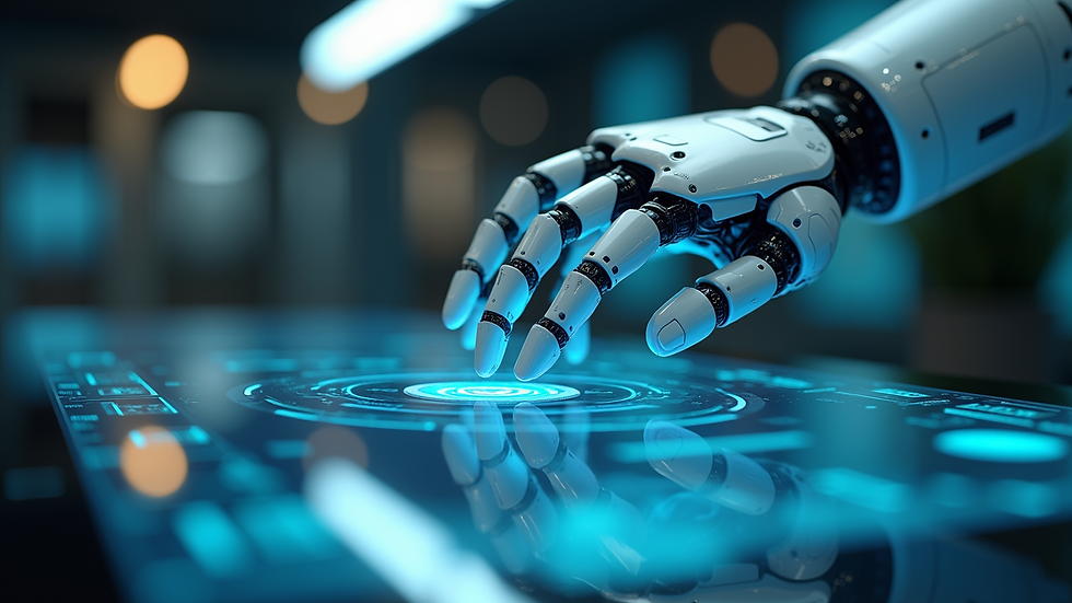 Close-up of a futuristic robot hand interacting with a holographic interface