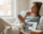 Woman relaxing on a couch with a white cat, using a handheld device. Tablet nearby displays a website. Cozy, tranquil atmosphere.