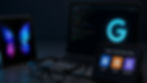 Laptop with coding script, blue "G" logo, tablet with video options: Video, Script, Voiceover. Glasses and colorful butterfly wallpaper.
