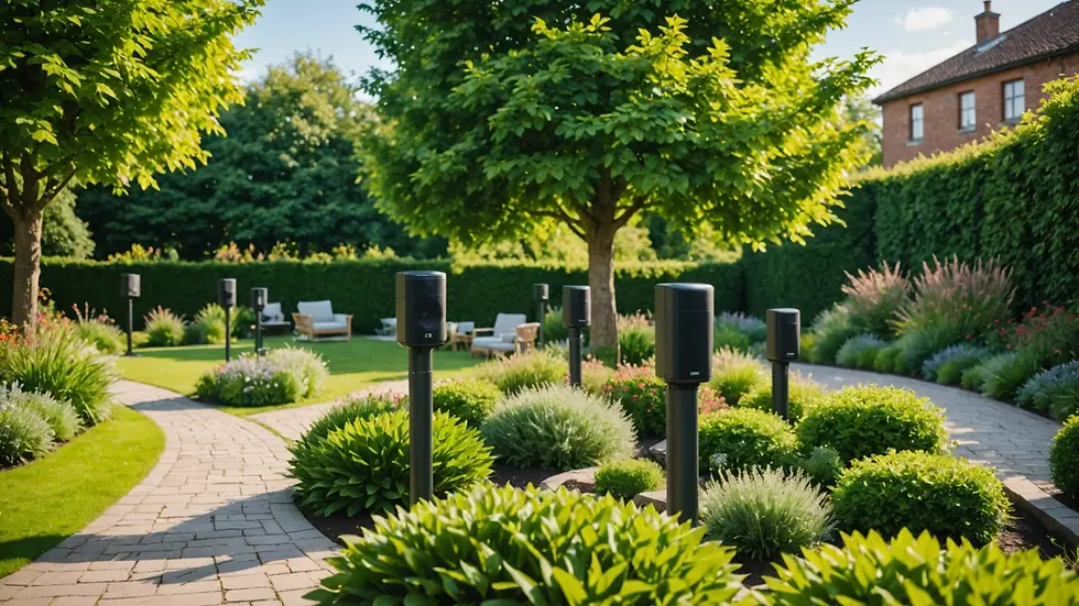 Eye-level view of a beautifully landscaped garden featuring high-tech outdoor speakers
