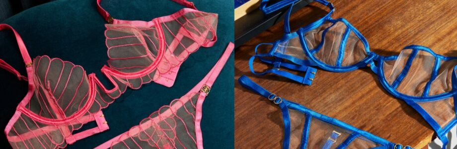 Pink and blue lingerie sets with sheer fabric and decorative stitching are displayed on teal and wooden surfaces, respectively.