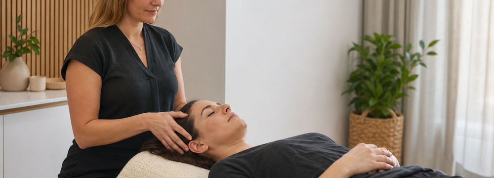 Access Bars wellness appointment with gentle fingertip contact in a calm treatment room
