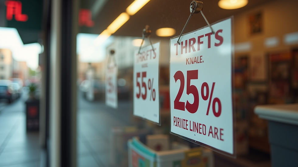 Close-up view of thrift store signs displaying prices