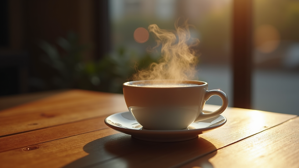 Close-up view of a steaming cup of coffee on a wooden table