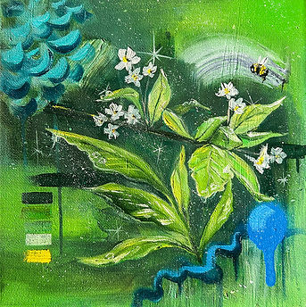 An artistic and slightly abstract  representation of flowers and bees, beautifully illustrated on a rich green backdrop.