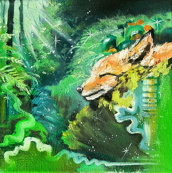 Mixed Media Oil painting featuring a fox in a serene forest, capturing the charm of the natural environment.