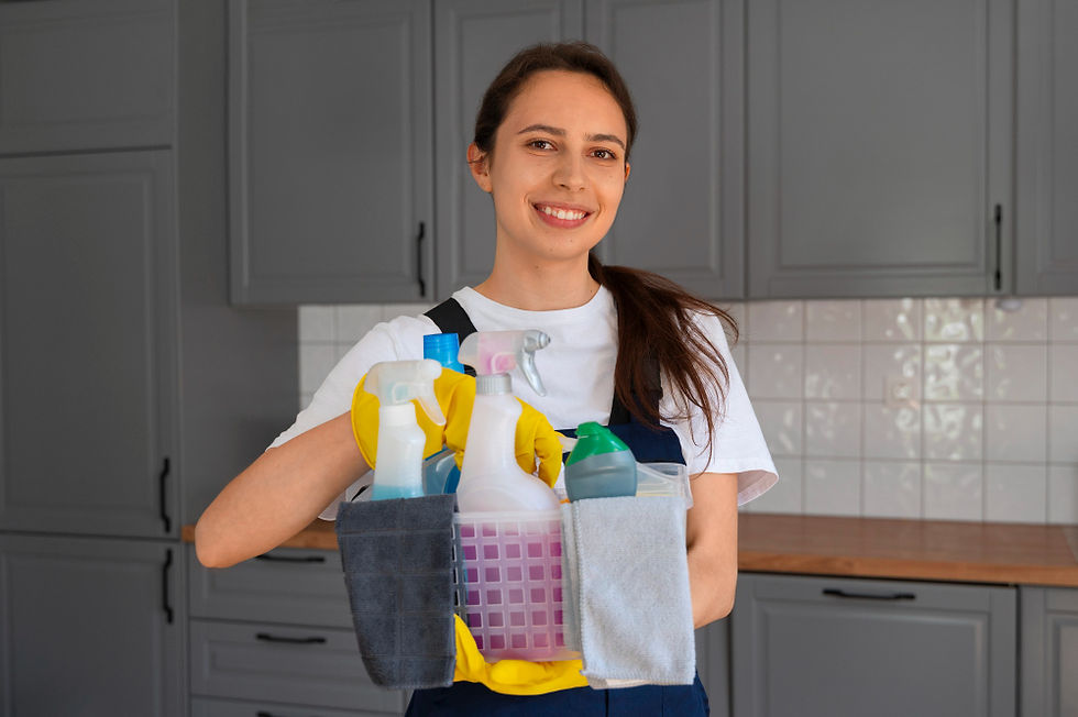 Professional cleaner holding a cleaning caddy—single-family rental turnover service