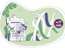 An illustration of a mother and child with their NDIS plan, in the background is a tangle of arrows and the we love NDIS logo.