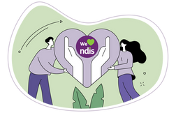 Illustration of a man and a woman holding a large love heart between them with the We love NDIS logo hald between two caring hands in the centre.