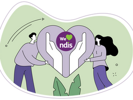 Illustration of a man and a woman holding a large love heart between them with the We love NDIS logo hald between two caring hands in the centre.