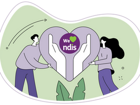 Illustration of a man and a woman holding a large love heart between them with the We love NDIS logo hald between two caring hands in the centre.