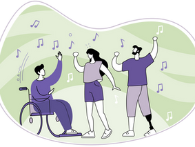 People of all abilities dancing in a music therapy class, participating in inclusive social and community activities funded through the NDIS.