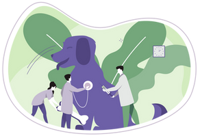 Illustration of tiny vets looking after a giant dog.