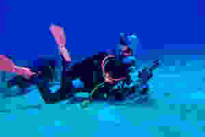 Scuba Diver Dressed As Santa Claus for Christmas wearing a santa hat pink dive fins