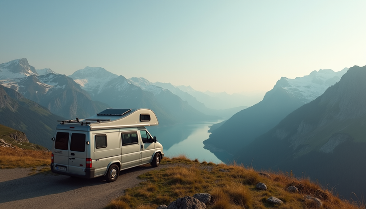 High angle view of a camping van parked on a mountain plateau with panoramic views