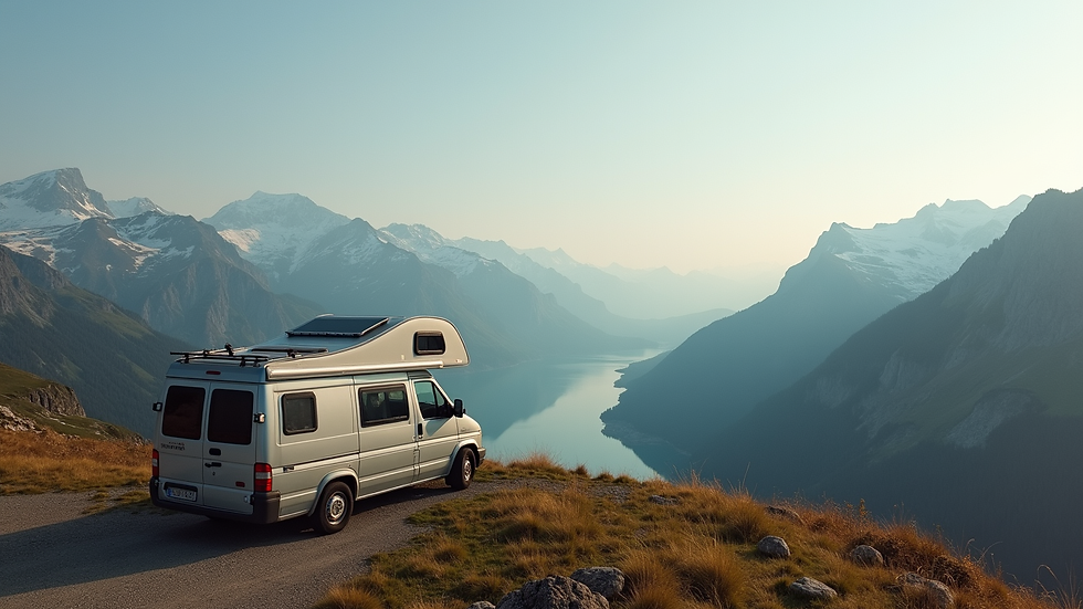 High angle view of a camping van parked on a mountain plateau with panoramic views