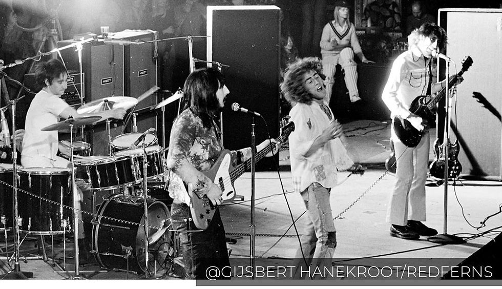 The Who at The Oval in 1971. Wearing cricket gear in the background is the co-compere Jeff Dexter whose bat drummer Keith Moon used to batter his drum kit