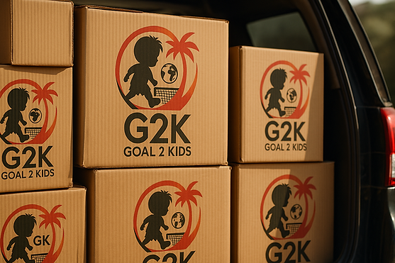 Cartons de dons estampillés Goal 2 Kids pour sponsors soutenant des enfants via des tournois solidaires de football