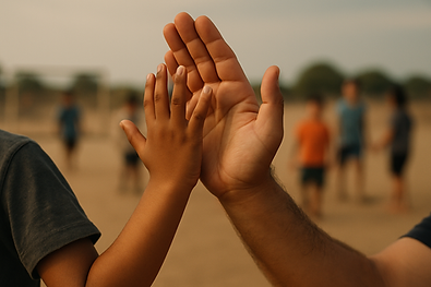 Main d’un enfant et d’un adulte se rejoignant lors d’un tournoi solidaire de football international organisé par Goal 2 Kids