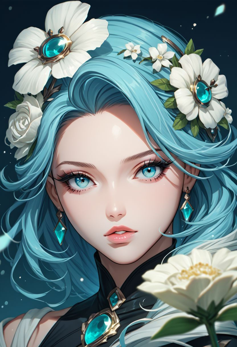 Teal haired woman with flowers and fantasy fashion - from the Duskfallcrew trained Lora on Civitai.