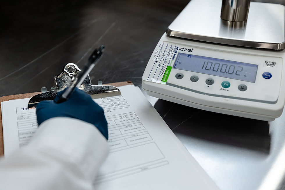 Gloved hand fills out lab paperwork beside a digital scale reading 1000.02 g on a stainless steel worktable.
