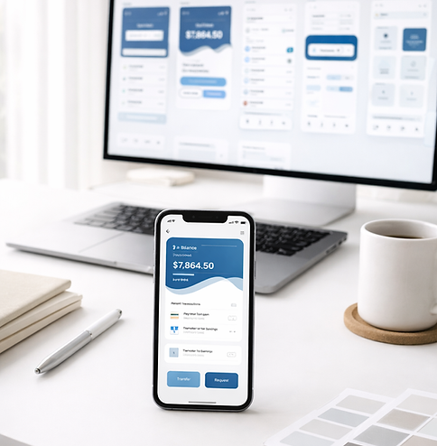 App development workspace showing mobile app interface on phone and desktop screen