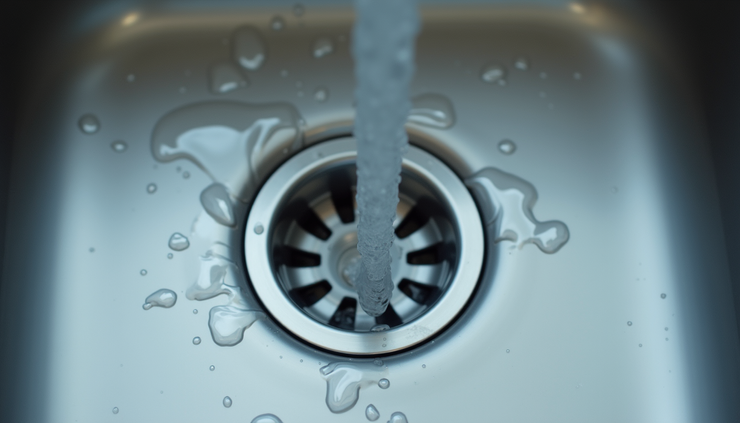 Close-up view of a clean kitchen sink drain with water flowing smoothly