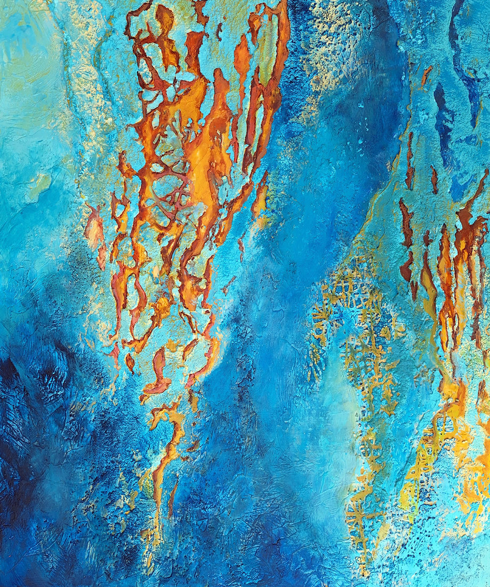 Turquoise and orange textured statement painting