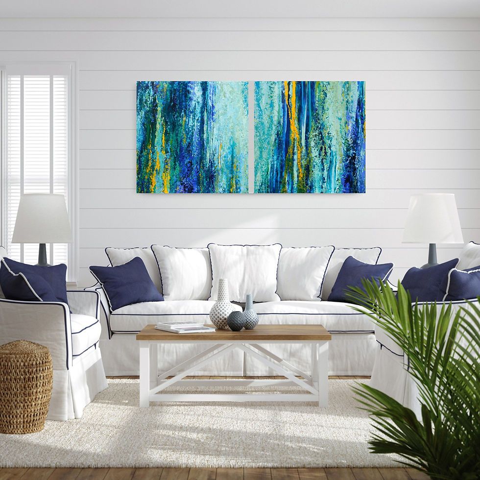 Thumbnail: Contemporary abstract acrylic painting, in blue and turquoise, in a room setting