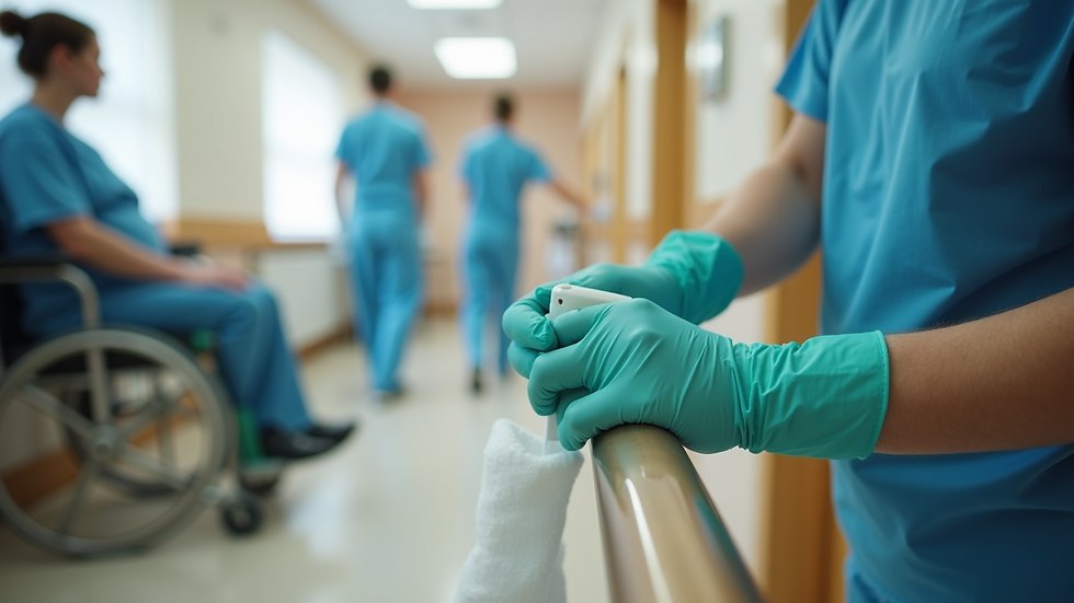 Close-up view of cleaning staff disinfecting a handrail in a care home